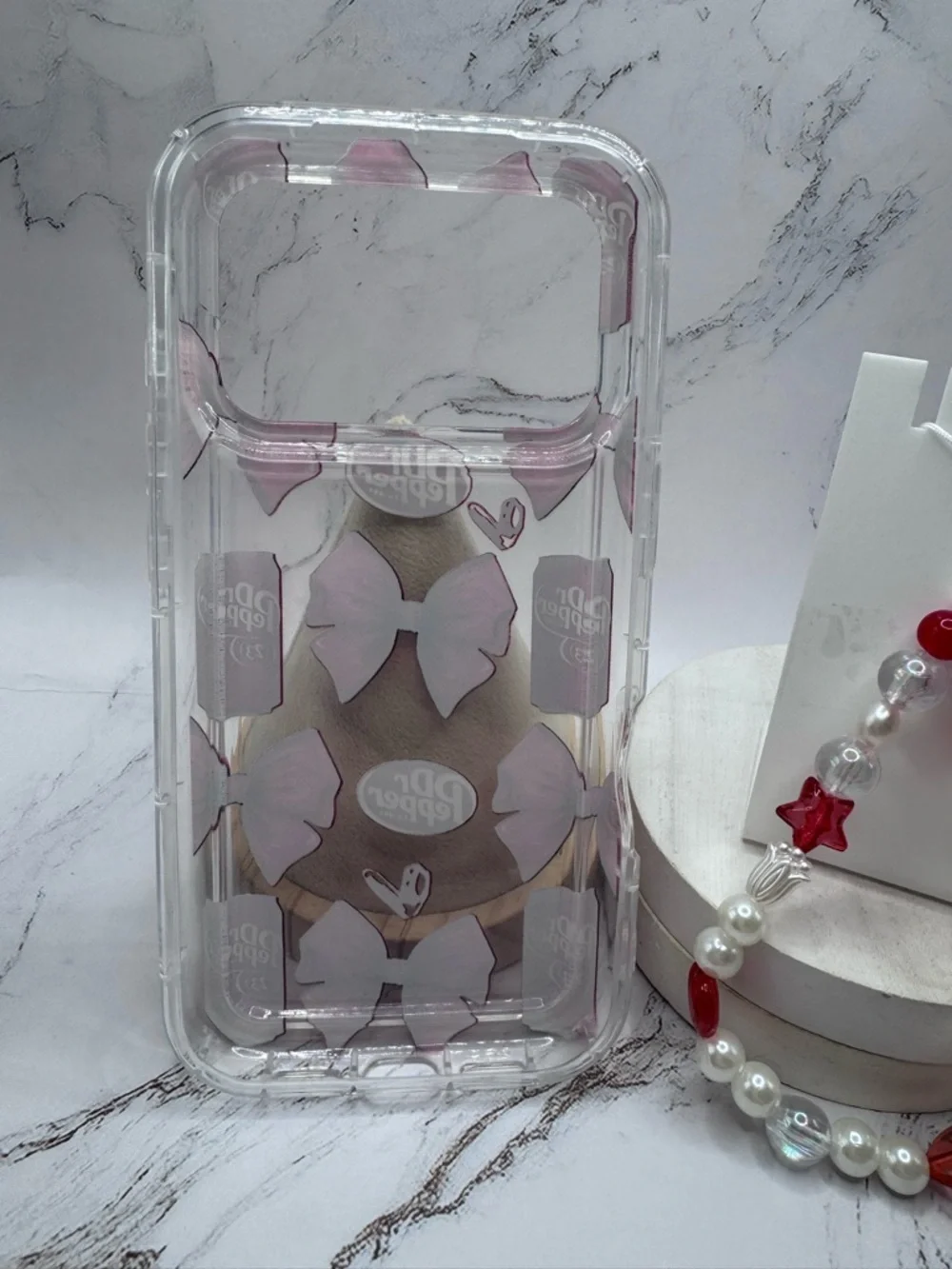iPhone 17 Pro Dr Pepper Bow Phone Case + Beaded Cherry Bow Charm